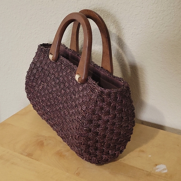 Wooden Top Handle Dark Brown Woven Purse - Picture 3 of 7
